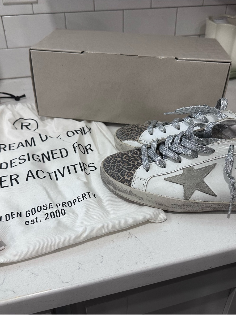 Golden Goose Kids White Sneakers with Gray Star and Leopard Toe